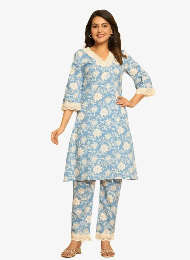 KASYA Blue Cotton Printed Co-Ord Set